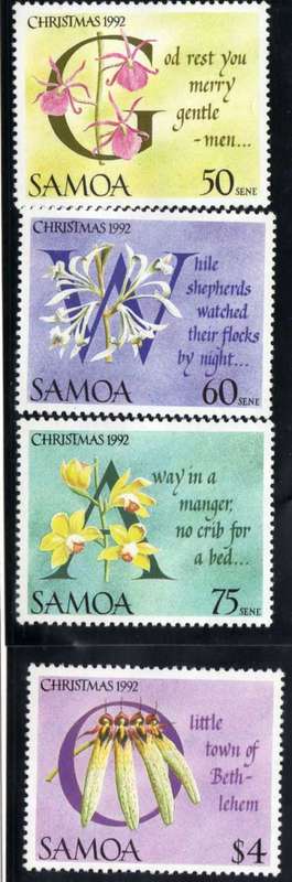 SAMOA 1992 CHRISTMAS CAROLS ORCHIDS SET OF 4 UMM. SG 886-889. CAT 6,15 POUNDS.