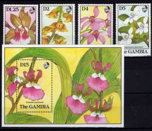 GAMBIA 1989 ORCHIDS PART SET OF 4 AND MINI SHEET UMM. SG 963-966 & MS 968. CAT 11,40 POUNDS.