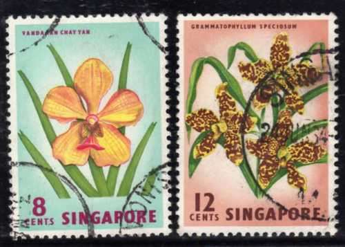 SINGAPORE 1962 DEFIN ORCHIDS 8c & 12c VFU. SG 68 & 70. CAT 7 POUNDS.