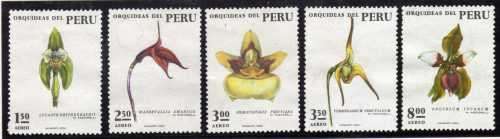 PERU 1973 ORCHIDS SET OF 5 MINT NO GUM. SG 1206-1210. CAT 13,85 POUNDS.