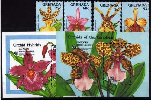 GRENADA 1990 ORCHIDS PART SET OF 4 & 2 MINI SHEETS UMM. SG 2083-4, 2087-8 & MS 2090 CAT 14,20 POUNDS