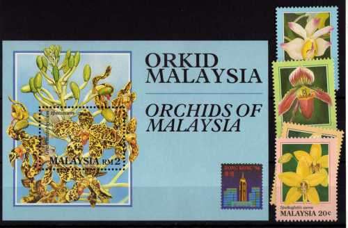 MALAYSIA 1994 ORCHIDS SET OF 4 & M/S UNHINGED BUT MINOR PAPER ADHESION. SG 527-31. CAT 5,65 POUNDS.