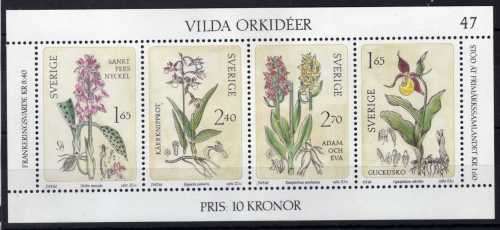 SWEDEN 1982 WILD ORCHIDS MINI SHEET OF 4 UNHINGED BUT MINOR PAPER ADHESION. CAT 3,50 POUNDS.