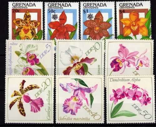 ORCHIDS 2 SETS 1990 GRENADA GRENADINES & EAST GERMANY 1968. CAT 8,45 POUNDS.