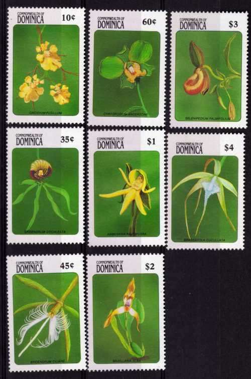 DOMINICA 1989 ORCHIDS SET OF 8 + 2 MINI SHEETS UMM. SG 1264-1272. CAT 19,75 POUNDS.