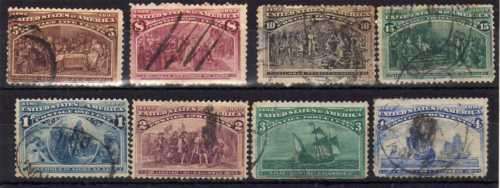 UNITED STATES OF AMERICA 1893 COLUMBIAN EXPOSITION CHICAGO 8 STAMPS USED. CAT 126 POUNDS.