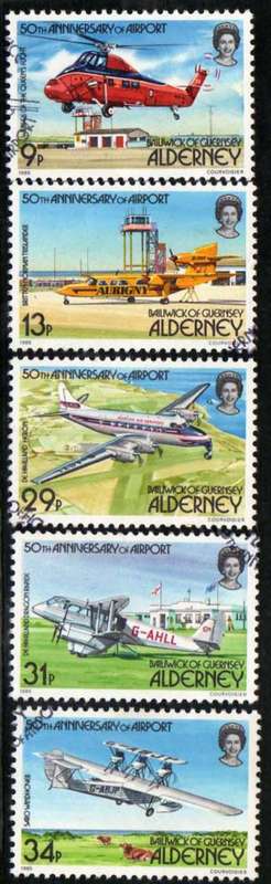 ALDERNEY 1985 "50TH ANNIV OF ALDERNEY AIRPORT" SET OF 5 VFU. SG A18-A22. CAT 11,45 POUNDS.