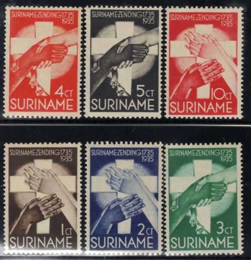 SURINAM 1935 BICENT MORAVIAN MISSION IN SURINAM SET OF 6 MM. SG 230-35. CAT 23,50 POUNDS.