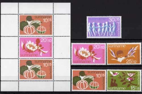 SURINAM 1974 CHILD WELFARE SET OF 5 & MINI SHEET UMM. SG 781-86. CAT 5,80 POUNDS.