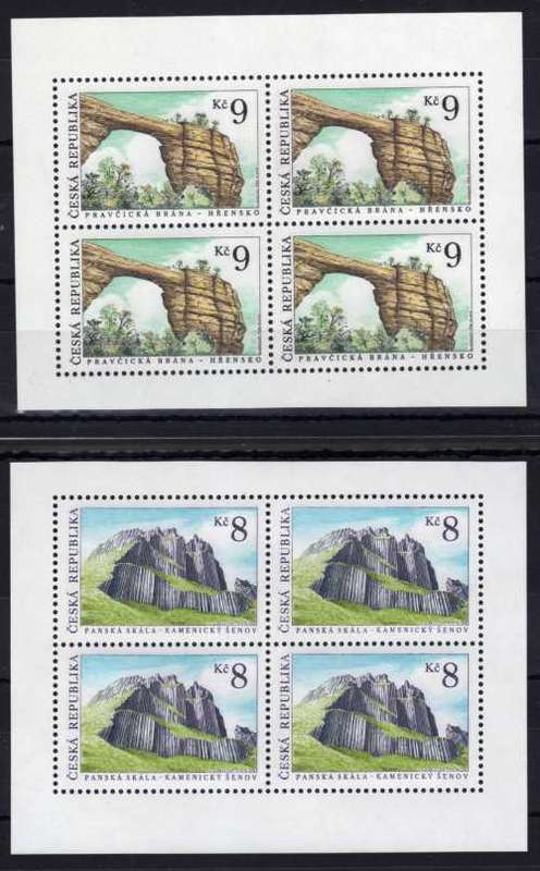 CZECH REPUBLIC 1995 "ROCK FORMATIONS" SET OF 2 IN 2 SHEETLETS OF 4 UMM. SG 87-88. CAT 16 POUNDS.
