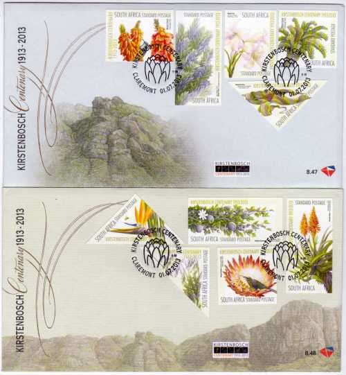 SOUTH AFRICA 2013 KIRSTENBOSCH CENTENARY SET OF 10 ON FDC 8.47 & FDC 8.48. CAT R120. (2023-25)