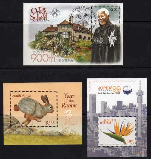 SOUTH AFRICA 1999 3 MINI SHEETS (1) MANDELA VFU (2) JOPEX 1999 UMM (3) YEAR OF RABBIT UMM. CAT R185.