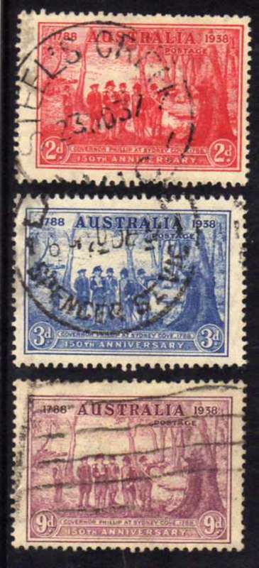 AUSTRALIA 1937 "150TH ANNIV N.S.W." SET OF 3 FINE - VERY FINE USED. SG 193-5. CAT 15 POUNDS.