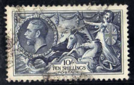 GREAT BRITAIN 1934 RE-ENGRAVED SEAHORSE 10/- VERY FINE USED. SG 452. CAT 80 POUNDS.