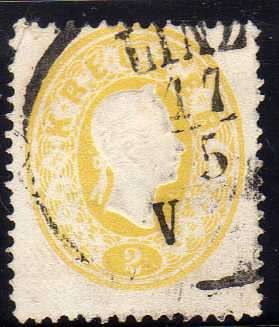 AUSTRIA 1860-61 EMPEROR FRANZ JOSEF 1 EMBOSSED 1K YELLOW FINE USED. SG 33.