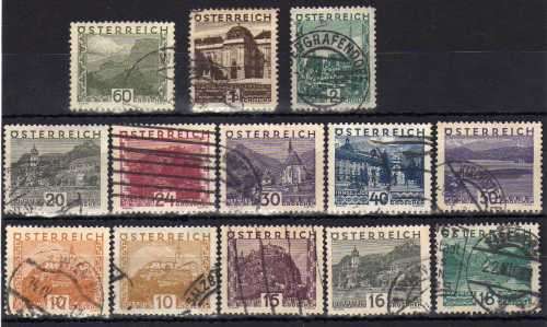 AUSTRIA 1929 LANDSCAPES SET OF 13 VFU. SG 646-659. CAT 22 POUNDS.