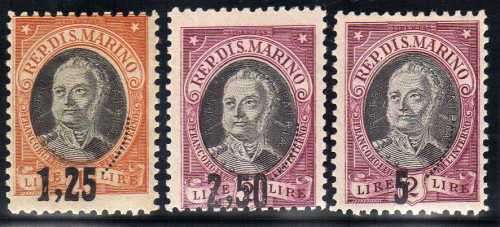 SAN MARINO 1927 SURCHARGE SET OF 3 VERY FINE LMM. SG 134-136. CAT 73 POUNDS.