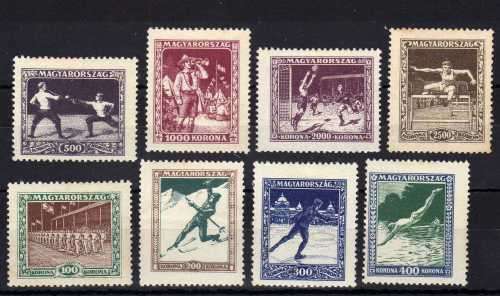 HUNGARY 1925 SPORT ASSOCIATION FUND SET OF 8 MOUNTED MINT. SG 452-459. CAT 123.50 POUNDS.