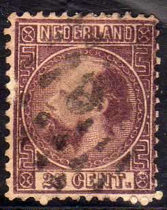 NETHERLANDS 1867 DEFIN 25c PURPLE GOOD USED SLIGHT SURFACE RUBBING. SG 15. CAT 140 POUNDS.