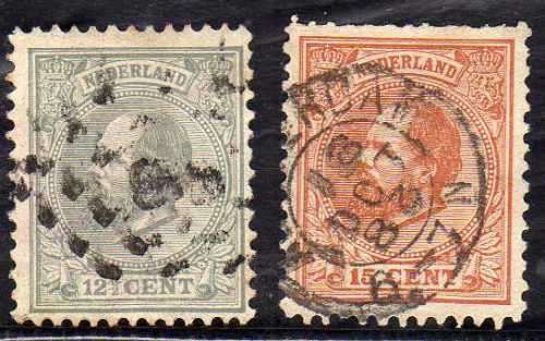 NETHERLANDS 1872 DEFIN 12,5c, 15c FINE USED. SG 83 & 102. CAT 14,25 POUNDS.