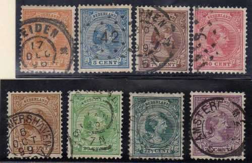 NETHERLANDS 1891 QUEEN WILHELMINA PART SET OF 8 VFU. SG 147a-150b, 152a-155. CAT 57 POUNDS.