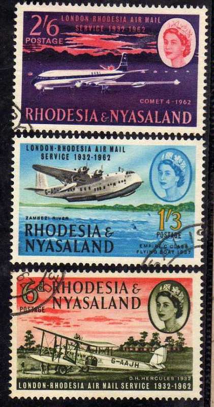 RHODESIA & NYASALAND 1962 AIRMAIL ANNIV SET OF 3 V.F.U. SG 40 - 42. CAT 7,75 POUNDS.