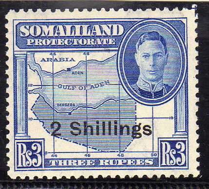 SOMALILAND 1951 NEW CURRENCY SURCHARGE 2 SHILLINGS ON 3 RUPEES BLUE LMM. SG 134. CAT 17 POUNDS.