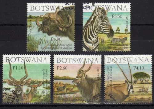 BOTSWANA 2007 2ND JOINT ISSUE NATIONAL ANIMALS SET OF 5 VERY FINE USED. SG 1074-78. CAT 7,50 POUNDS.