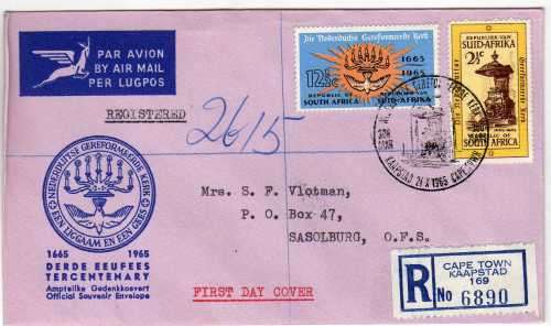 SOUTH AFRICA 1965 "TERCENTENARY OF DUTCH REFORMED CHURCH" F.D.C NO 2. CAT R150. (SACC 2019-20)