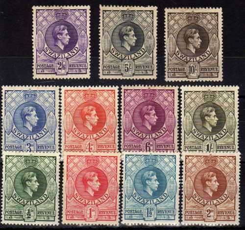 SWAZILAND 1938 DEFIN BASIC SET OF 11 MOUNTED MINT. SG 28-38a. CAT 95 POUNDS.