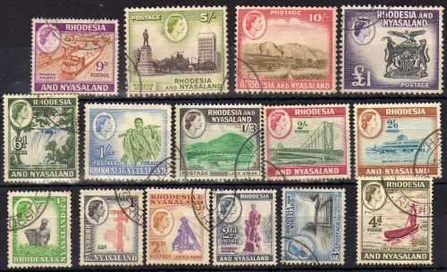 RHODESIA & NYASALAND 1959 DEFIN SET OF 15 VFU. SACC 18-32. CAT R1650.