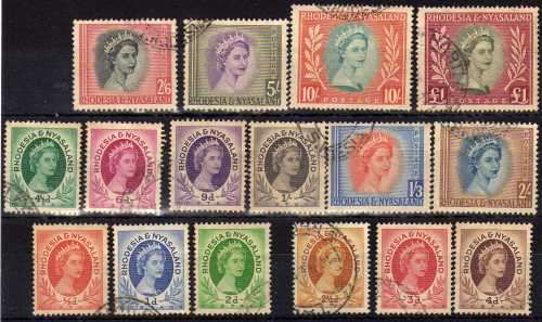 RHODESIA & NYASALAND 1954 DEFIN SET OF 16 VFU. SG 1-15. CAT 60 POUNDS.