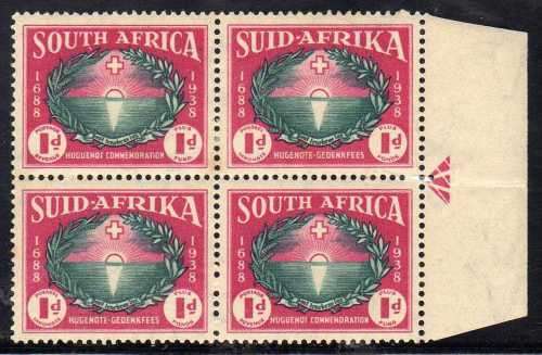 SOUTH AFRICA 1939 "250th ANNIV HUGUENOT LANDING" 1d ARROW BLOCK OF 4 LMM & UMM. SACC 82. CAT R440.