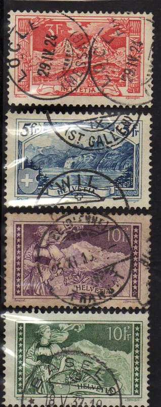 SWITZERLAND 1914 "MOUNTAIN VIEWS" SET OF 4 VFU EXCEPT 10FR MAUVE HAS TEAR AT TOP. SG 295-297 & 337.