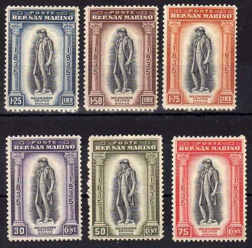 SAN MARINO 1935 DEATH CENT OF DELFICO PART SET OF 6 MOUNTED MINT. SG 220-225. CAT 161,90 POUNDS.