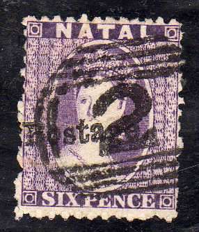 NATAL 1869 6d DEEP VIOLET TYPE IV FINE USED. SACC 52. CAT R1700. (2019-20)
