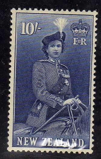 NEW ZEALAND 1953 DEFIN 10/- BLUE LIGHTLY MOUNTED MINT. SG 736. CAT 50 POUNDS.