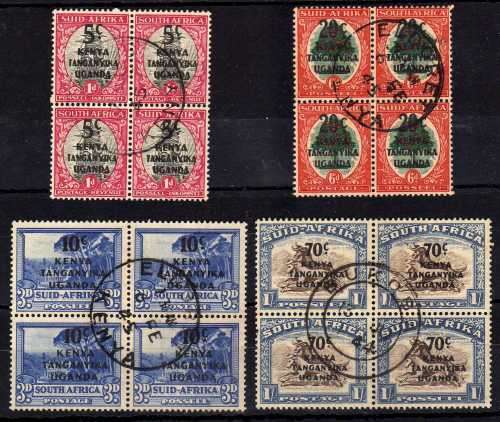 KENYA UGANDA TANGANYIKA 1941 SA STAMPS SURCHARGED SET IN BLOCKS OF 4 VFU. SG 151-4. CAT 34 POUNDS.