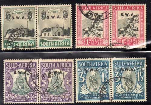 SOUTH WEST AFRICA 1935-36 "VOORTREKKER MEM FUND" SET OF 4 PAIRS VFU. SACC 119-122. CAT R740.