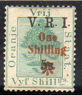 ORANGE FREE STATE 1902 SURCHARGED 1/- ON 5/- MOUNTED MINT. SACC 83. CAT R180. (SACC 2019-20)