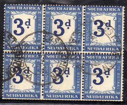 SOUTH AFRICA 1932-42 POSTAGE DUE 3d INDIGO & MILKY BLUE BLOCK OF 6 VFU. SACC 27b. CAT R270.