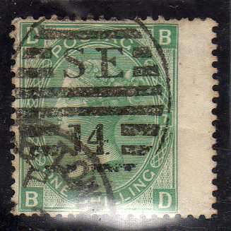 GREAT BRITAIN 1867-80 1/- GREEN PLATE 7 WING MARGIN COPY VFU. SG 117. CV 90 POUNDS.