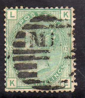 GREAT BRITAIN 1873-80 DEFIN 1/- GREEN PLATE 13 FINE USED. SG 150. CAT 160 POUNDS. (2018)