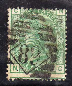 GREAT BRITAIN 1873-80 DEFIN 1/- GREEN PLATE 8 FINE USED. SG 150. CAT 175 POUNDS.