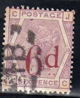 GREAT BRITAIN 1880-83 6d ON 6d LILAC PLATE 18 VERY FINE USED. SG 162. CAT 150 POUNDS.