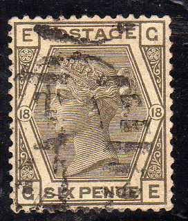 GREAT BRITAIN 1880-83 DEFIN 6d GREY PLATE 18 VFU. SG 161. CV 80 POUNDS.