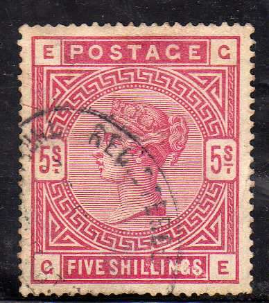 GREAT BRITAIN 1883-84 5/- ROSE VFU. SG 180. CAT 250 POUNDS.