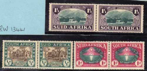 SOUTH AFRICA 1939 HUGUENOT 250TH ANNIVERSARY SET OF 3 PAIRS LMM. SACC 81-83. CAT R700.