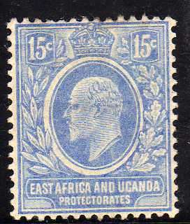 EAST AFRICA AND UGANDA 1907-8 15c BRIGHT BLUE MM. SG 39. CAT 32 POUNDS.