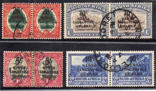 KENYA UGANDA TANGANYIKA 1941 SA STAMPS O/P 4 PAIRS VFU. SG 151-154. CAT 17 POUNDS.